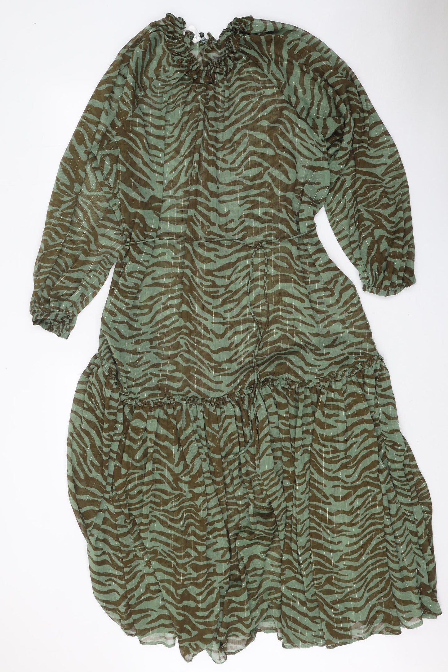 MNG Womens Green Animal Print Polyester A-Line Size L Round Neck Button