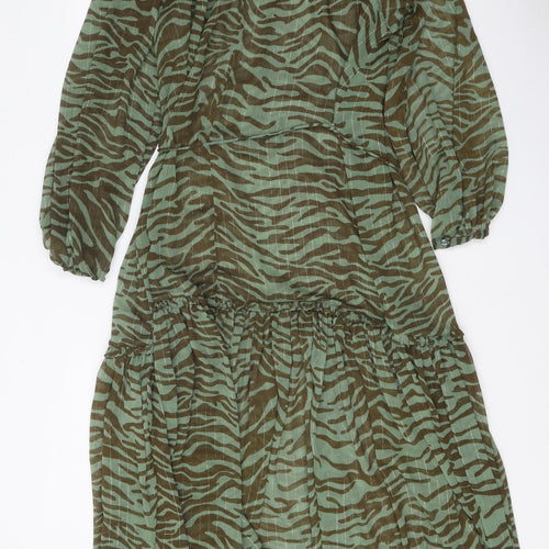 MNG Womens Green Animal Print Polyester A-Line Size L Round Neck Button
