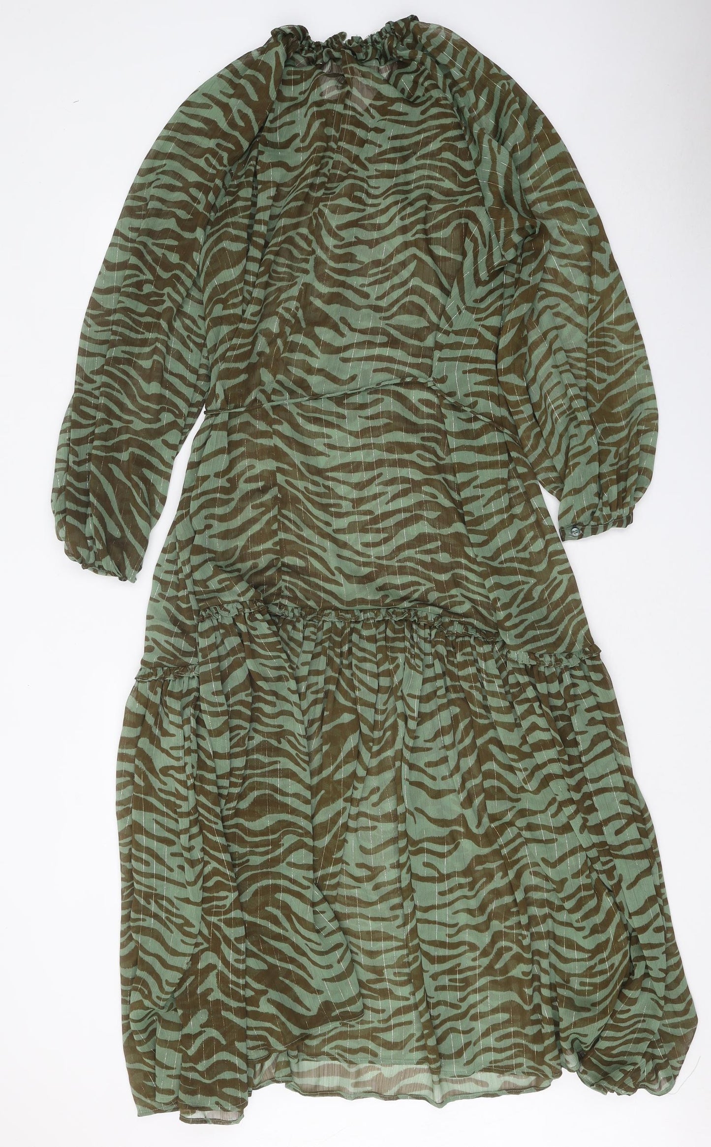 MNG Womens Green Animal Print Polyester A-Line Size L Round Neck Button