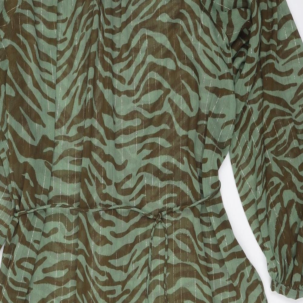 MNG Womens Green Animal Print Polyester A-Line Size L Round Neck Button