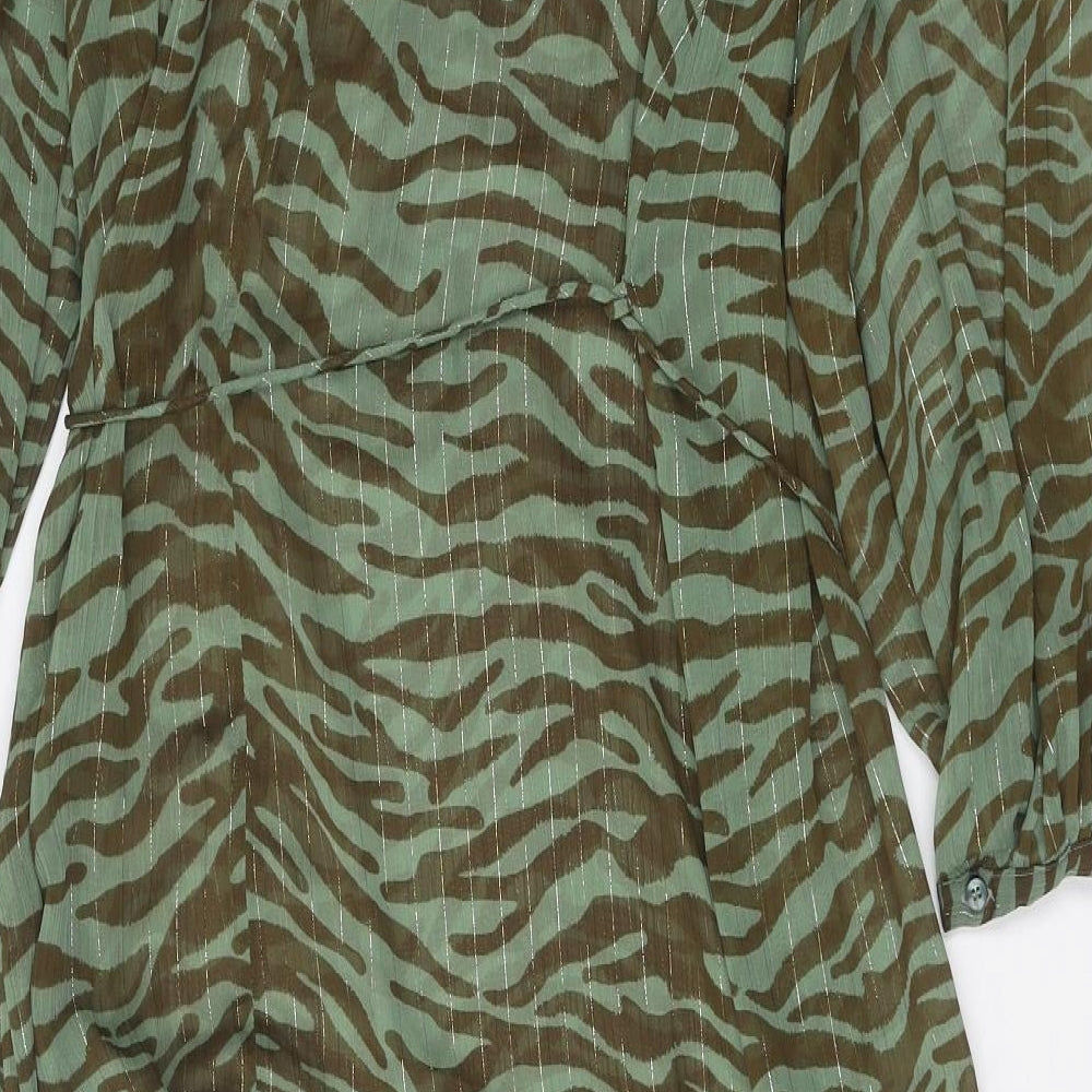 MNG Womens Green Animal Print Polyester A-Line Size L Round Neck Button