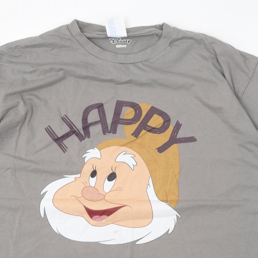 Disney Mens Grey Cotton T-Shirt Size XL Round Neck - Happy