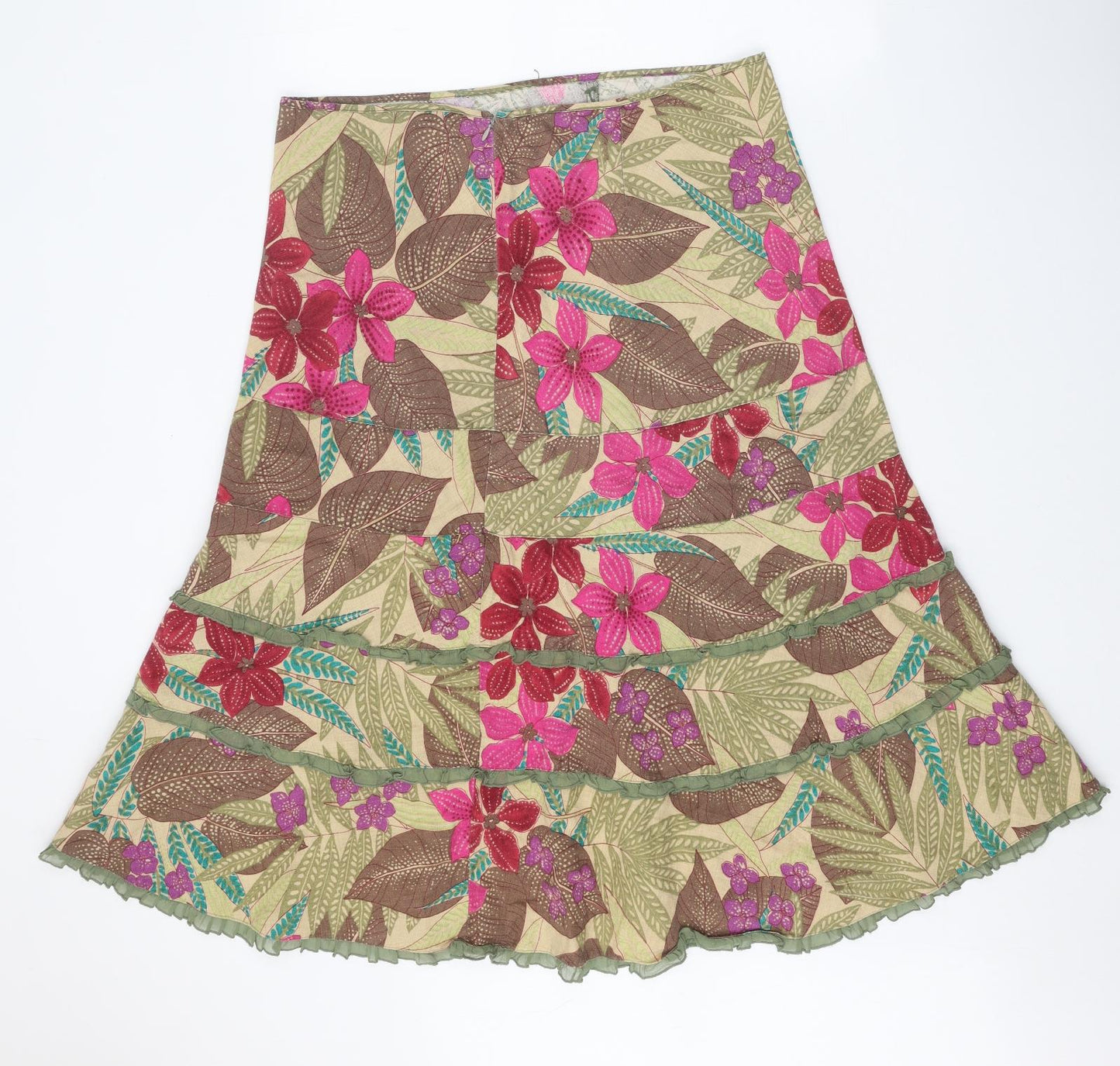 Preworn Womens Multicoloured Floral Linen Swing Skirt Size 35 in Zip