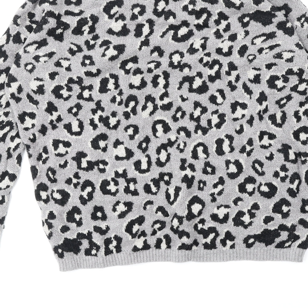NEXT Girls Grey Round Neck Animal Print Nylon Pullover Jumper Size 14 Years Pullover - Leopard Print