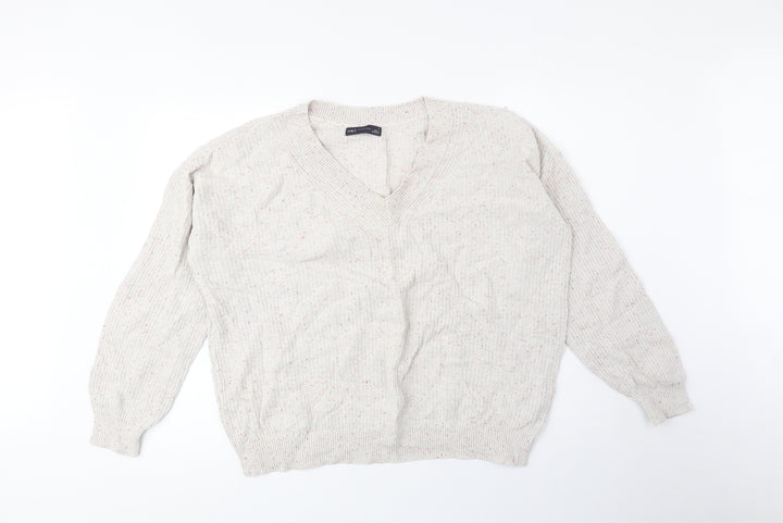 Marks and Spencer Womens Beige V-Neck Cotton Pullover Jumper Size M