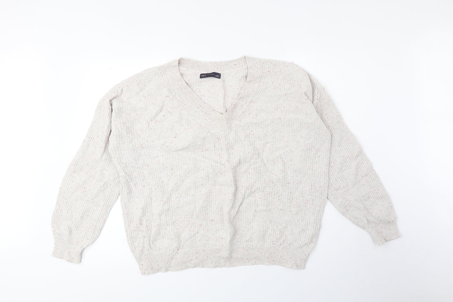 Marks and Spencer Womens Beige V-Neck Cotton Pullover Jumper Size M