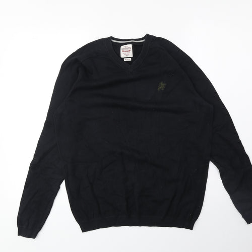 Lambretta Mens Black V-Neck Cotton Pullover Jumper Size M
