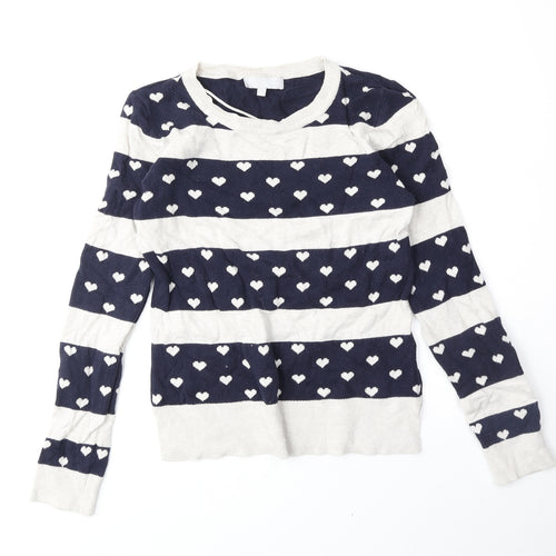 Red Herring Womens Blue Round Neck Geometric Cotton Pullover Jumper Size 8 - Heart Pattern