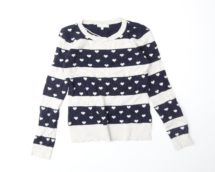 Red Herring Womens Blue Round Neck Geometric Cotton Pullover Jumper Size 8 - Heart Pattern