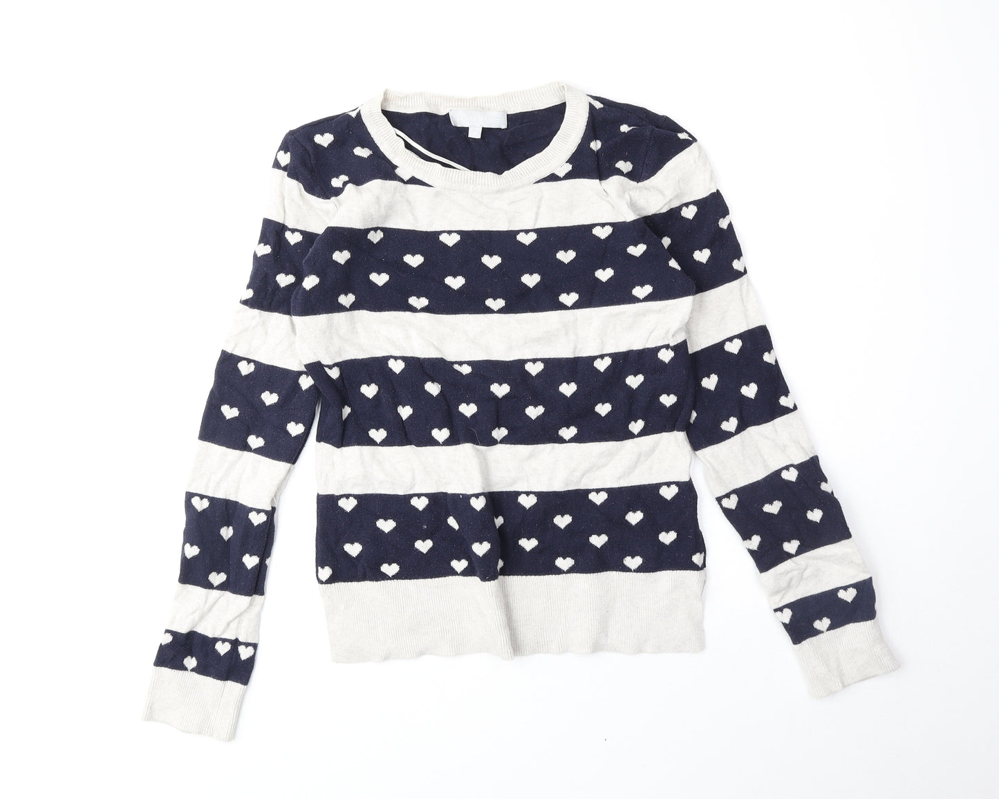 Red Herring Womens Blue Round Neck Geometric Cotton Pullover Jumper Size 8 - Heart Pattern
