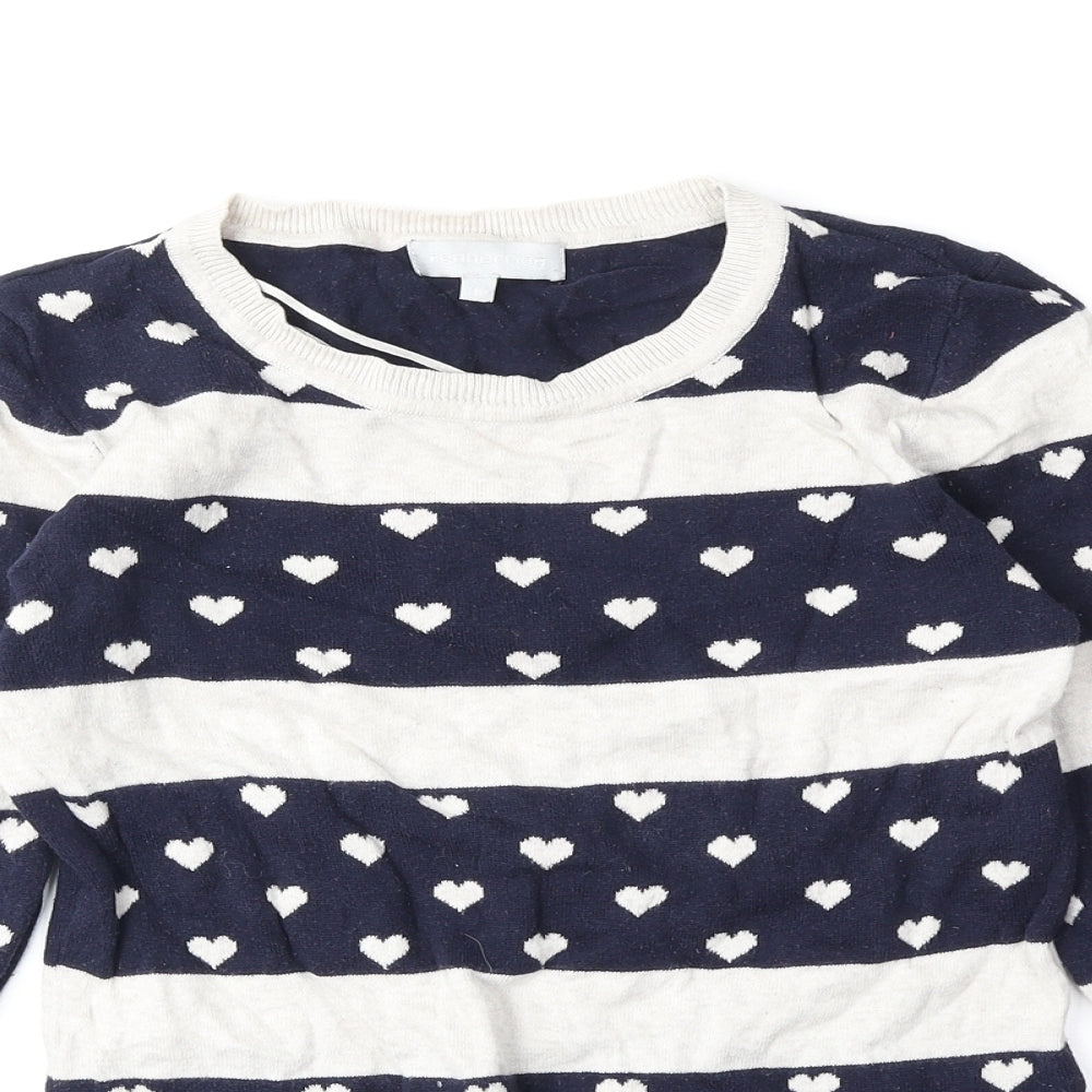 Red Herring Womens Blue Round Neck Geometric Cotton Pullover Jumper Size 8 - Heart Pattern