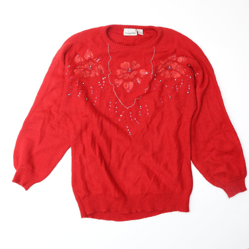 Carriage Court Womens Red Round Neck Floral Acrylic Pullover Jumper Size L