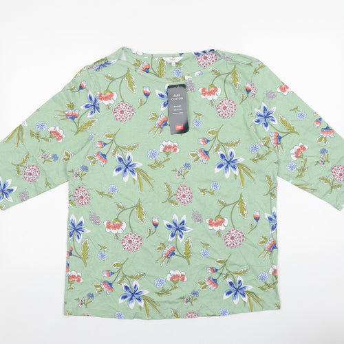 Cotton Traders Womens Green Floral 100% Cotton Basic T-Shirt Size 16 Round Neck