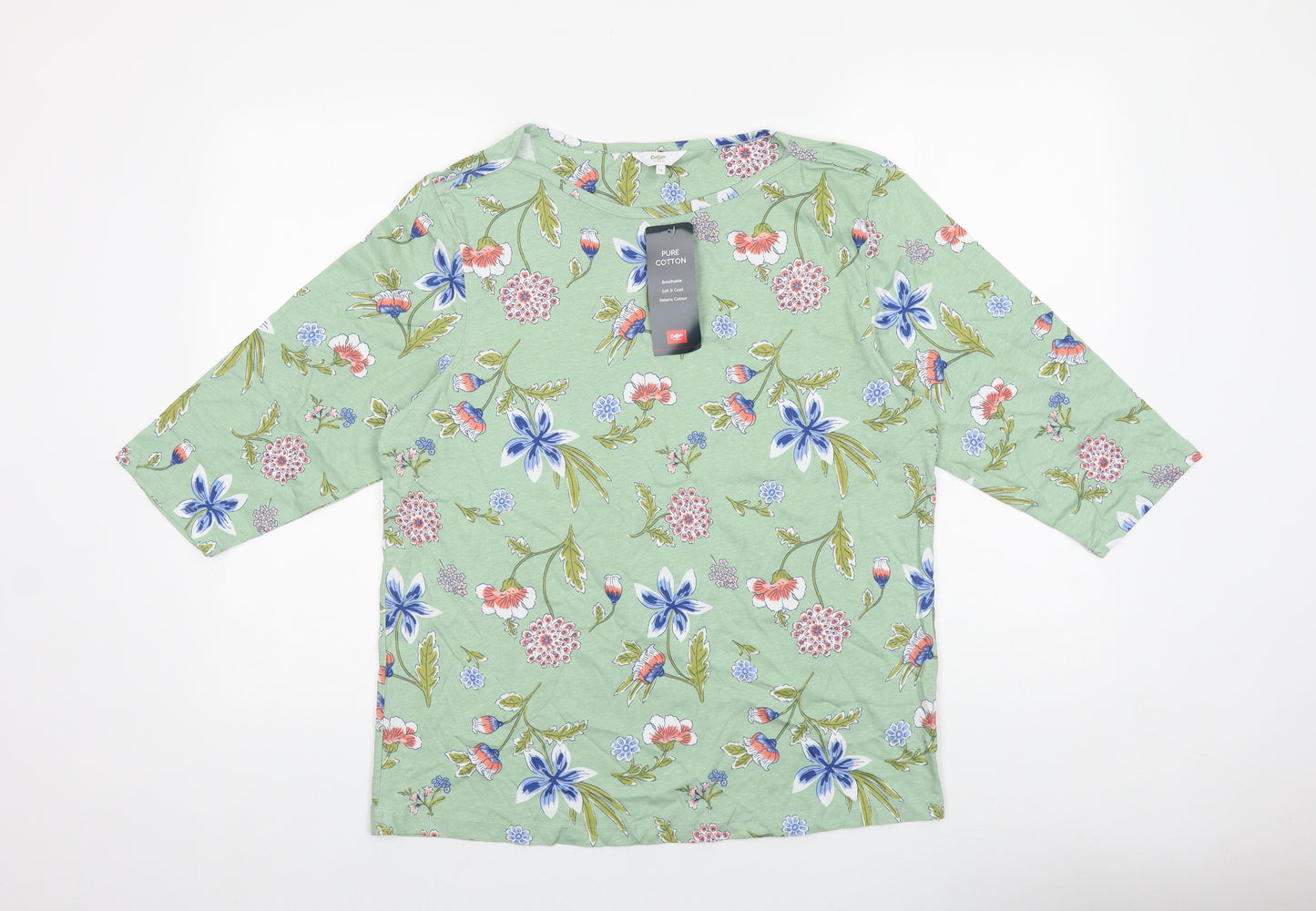 Cotton Traders Womens Green Floral 100% Cotton Basic T-Shirt Size 16 Round Neck
