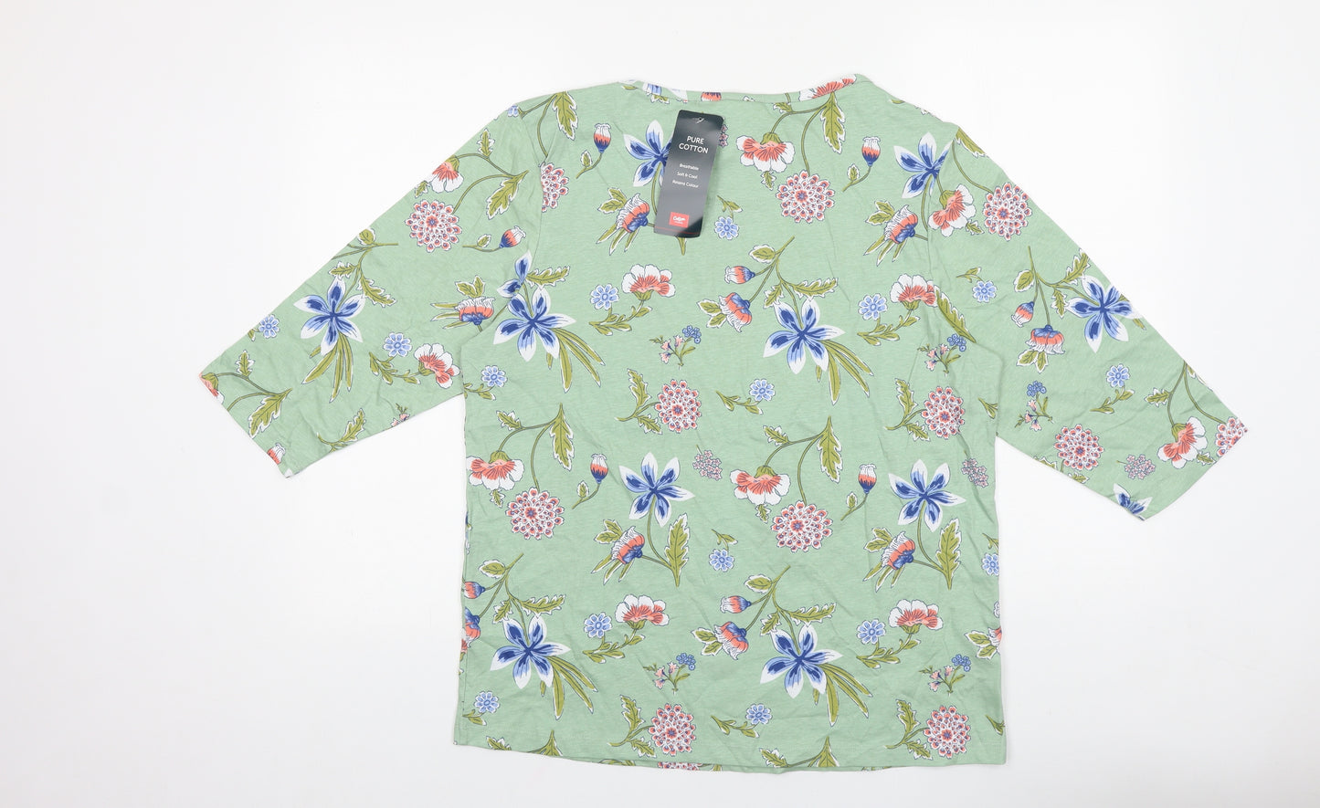 Cotton Traders Womens Green Floral 100% Cotton Basic T-Shirt Size 16 Round Neck
