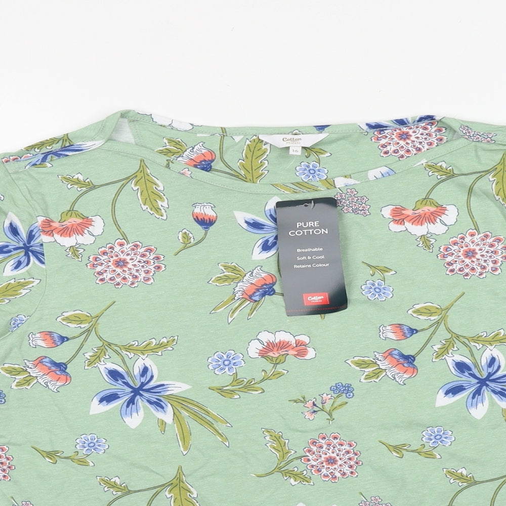 Cotton Traders Womens Green Floral 100% Cotton Basic T-Shirt Size 16 Round Neck