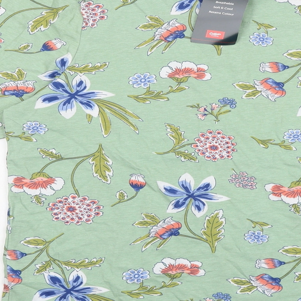 Cotton Traders Womens Green Floral 100% Cotton Basic T-Shirt Size 16 Round Neck