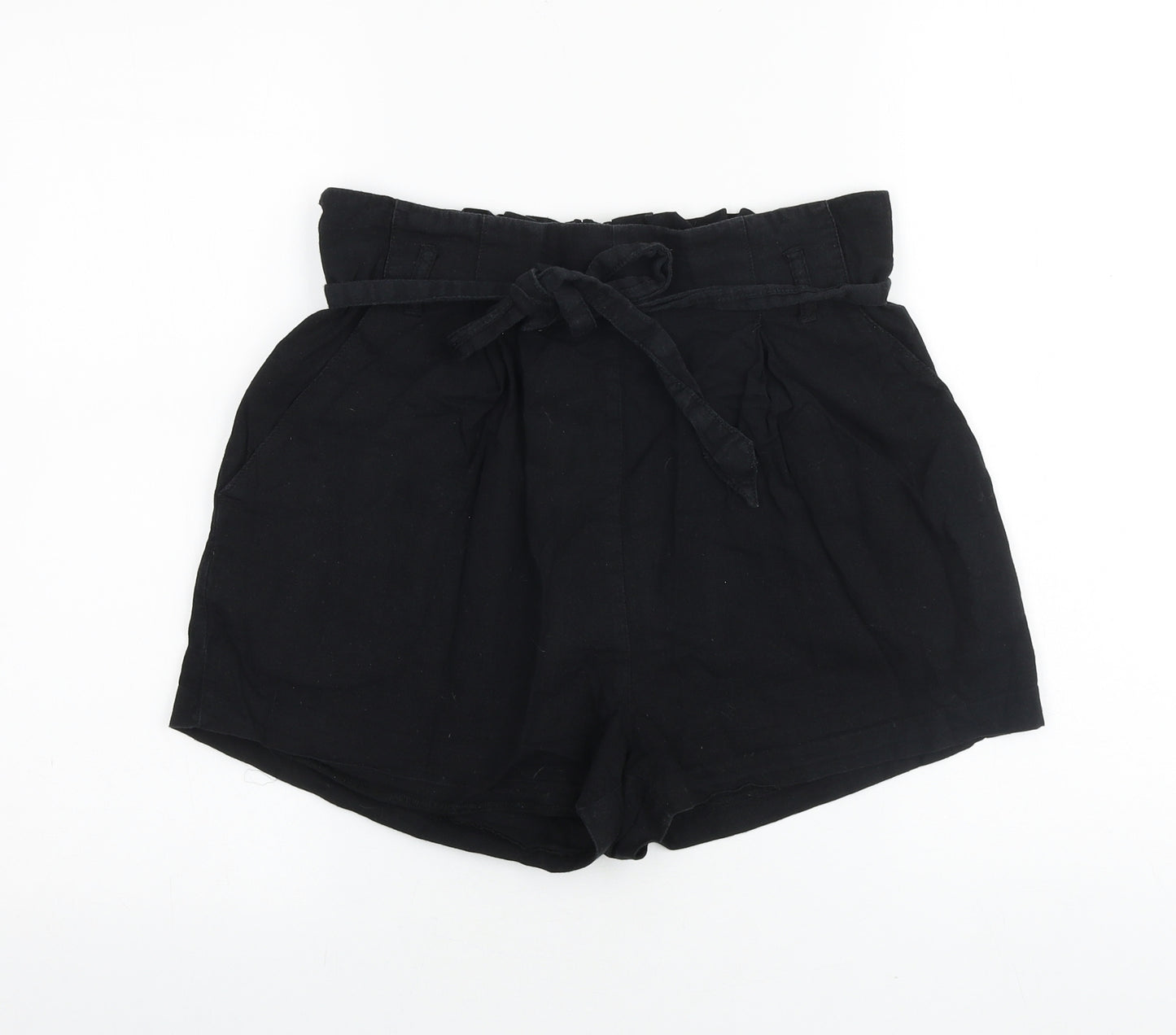 H&M Womens Black Linen Paperbag Shorts Size 12 Regular Snap