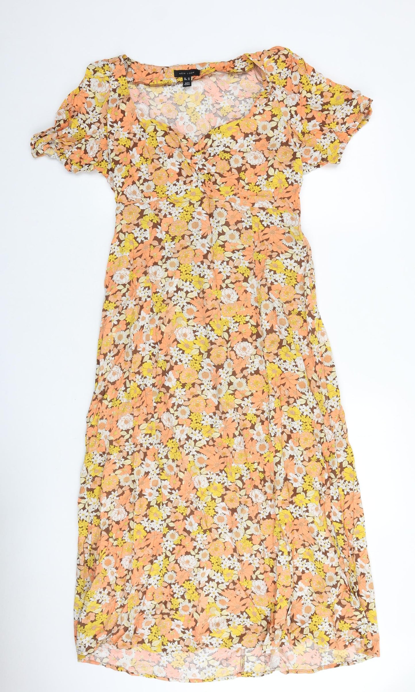 New Look Womens Brown Floral Viscose A-Line Size 14 Square Neck Pullover