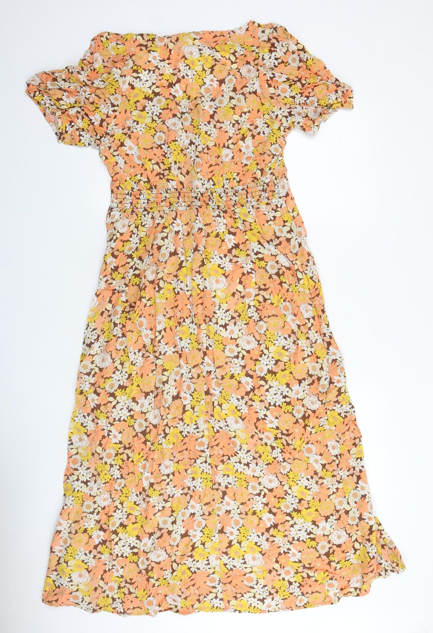 New Look Womens Brown Floral Viscose A-Line Size 14 Square Neck Pullover