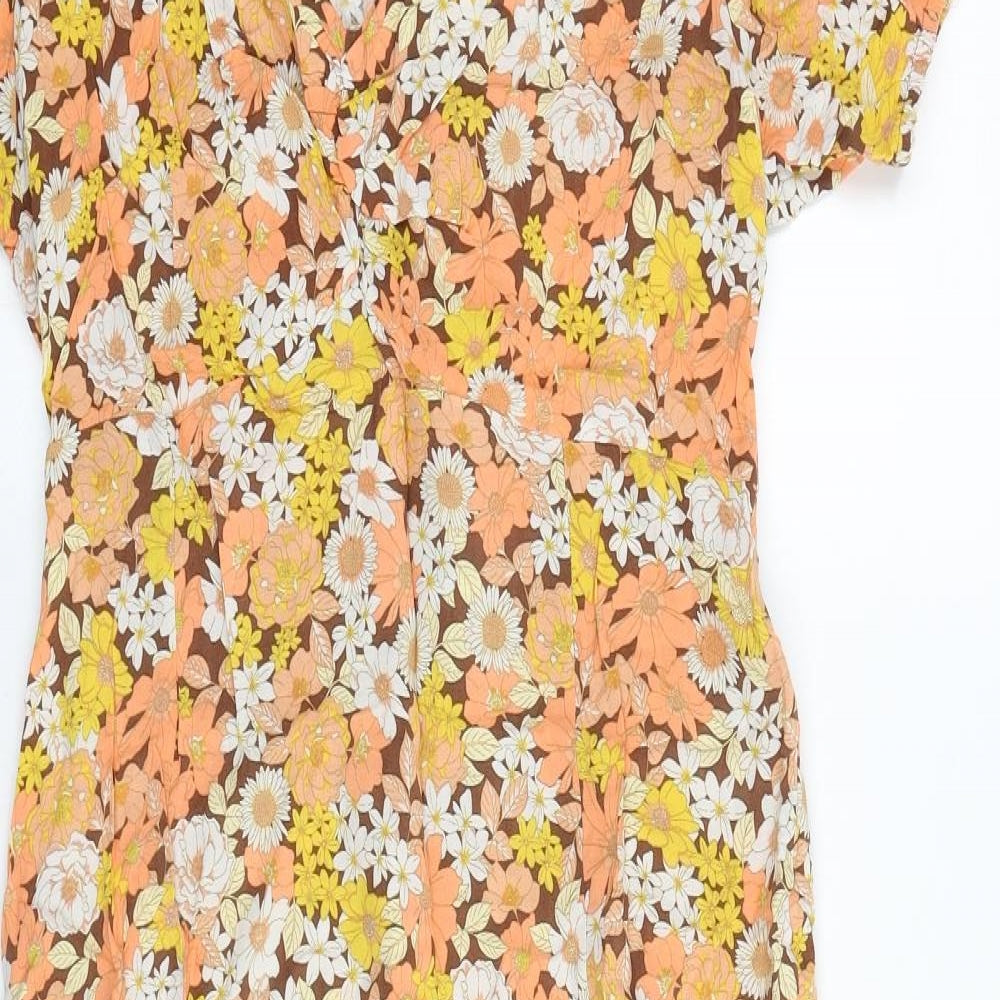 New Look Womens Brown Floral Viscose A-Line Size 14 Square Neck Pullover