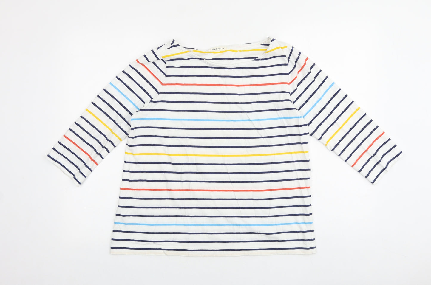Woolovers Womens White Striped 100% Cotton Basic T-Shirt Size M Round Neck