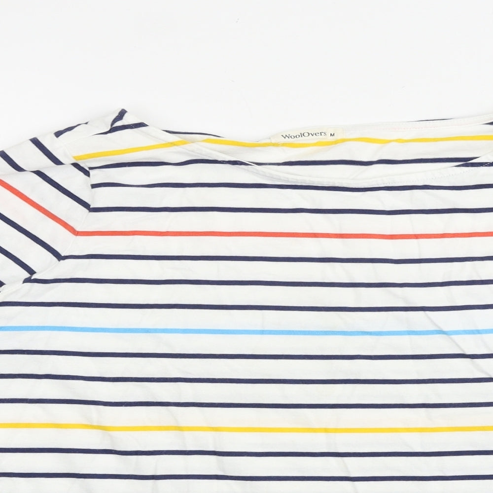 Woolovers Womens White Striped 100% Cotton Basic T-Shirt Size M Round Neck