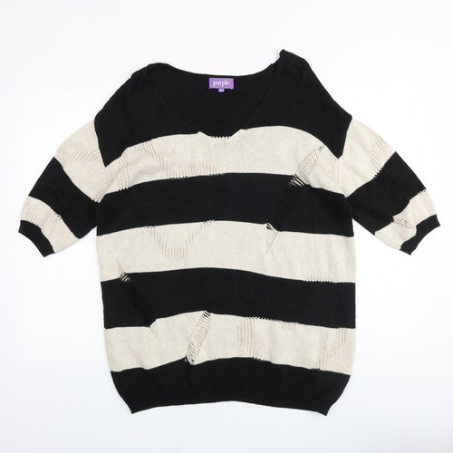 Purple Womens Black V-Neck Striped Acrylic Pullover Jumper Size M