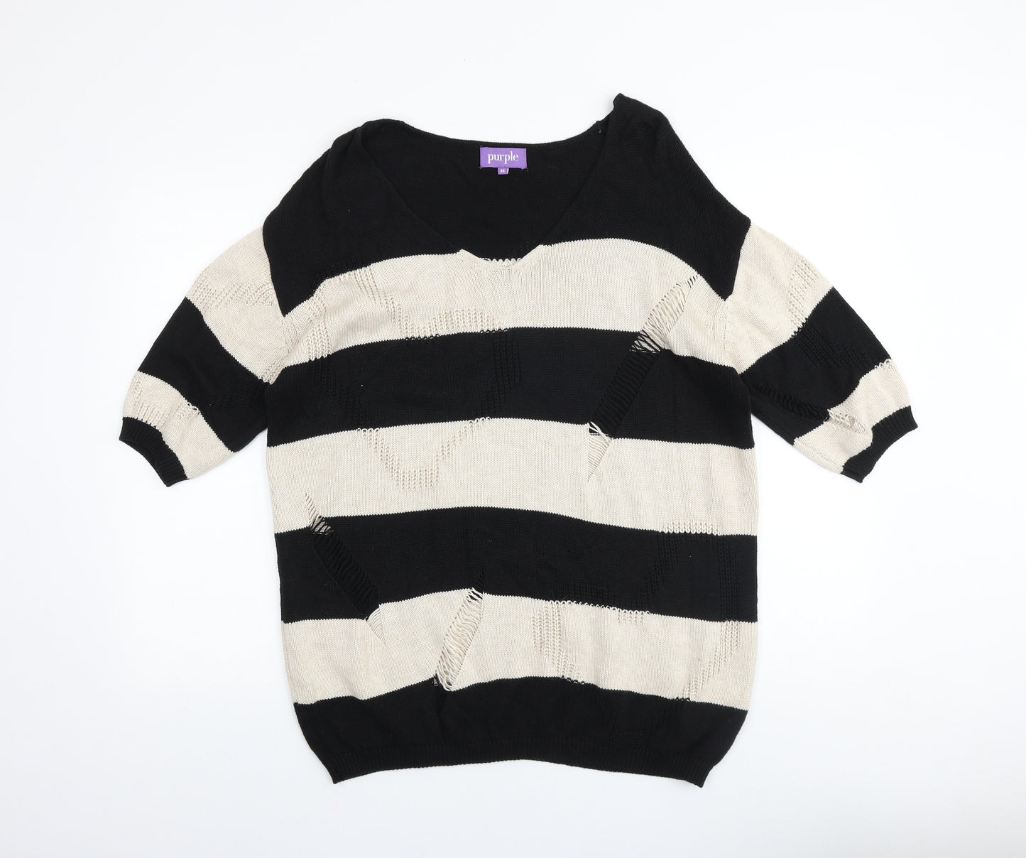 Purple Womens Black V-Neck Striped Acrylic Pullover Jumper Size M