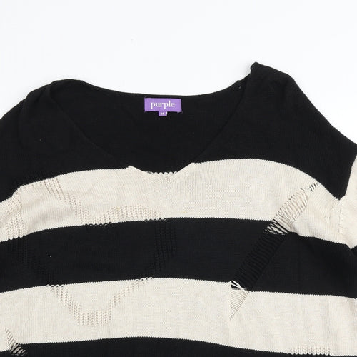 Purple Womens Black V-Neck Striped Acrylic Pullover Jumper Size M