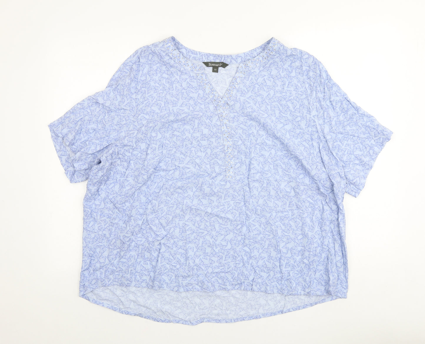 Bonmarché Womens Purple Geometric Viscose Basic Blouse Size 22 V-Neck - Butterfly