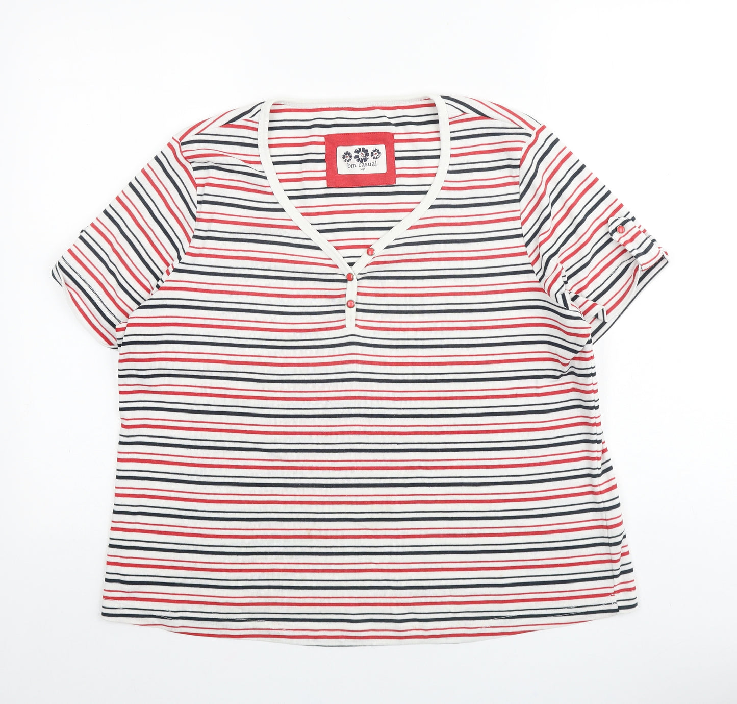 Bonmarché Womens Multicoloured Striped 100% Cotton Basic T-Shirt Size L V-Neck