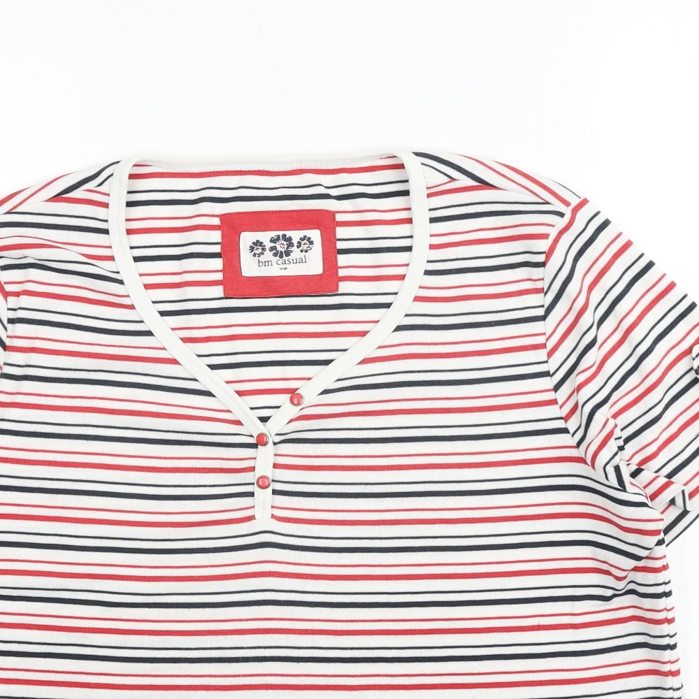 Bonmarché Womens Multicoloured Striped 100% Cotton Basic T-Shirt Size L V-Neck
