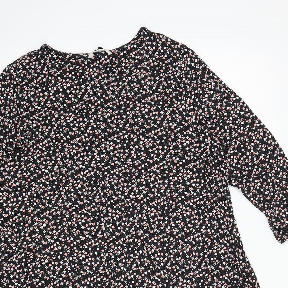 TU Womens Black Floral Viscose Basic Blouse Size 16 Round Neck