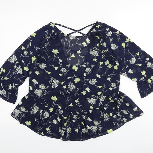 Boohoo Womens Blue Floral Polyester Basic Blouse Size 8 V-Neck