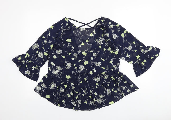 Boohoo Womens Blue Floral Polyester Basic Blouse Size 8 V-Neck