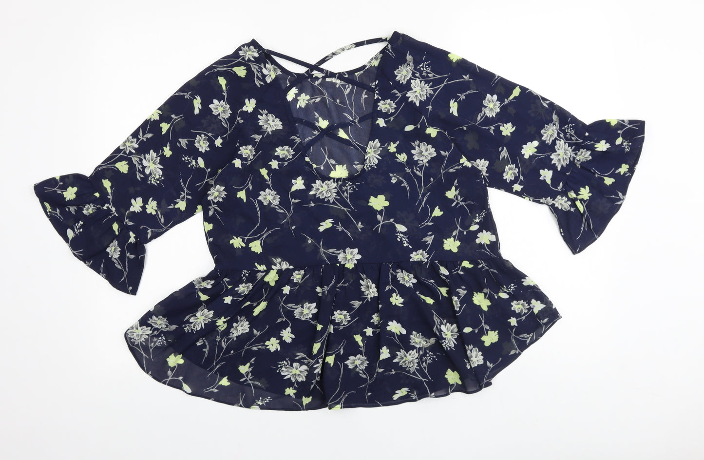 Boohoo Womens Blue Floral Polyester Basic Blouse Size 8 V-Neck
