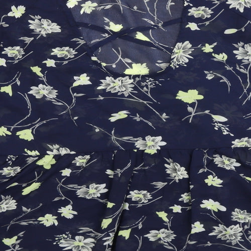 Boohoo Womens Blue Floral Polyester Basic Blouse Size 8 V-Neck
