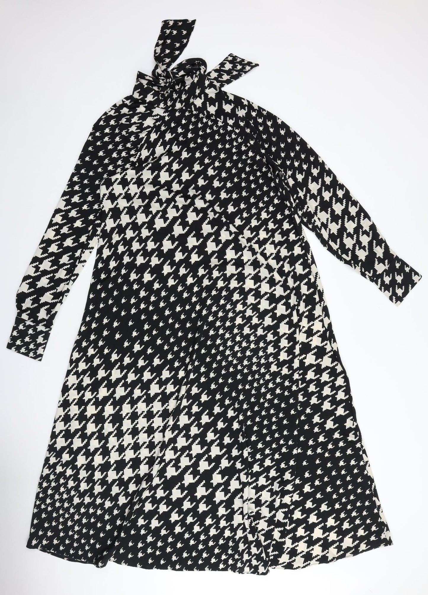 H&M Womens Black Houndstooth Viscose Maxi Size L Mock Neck Tie