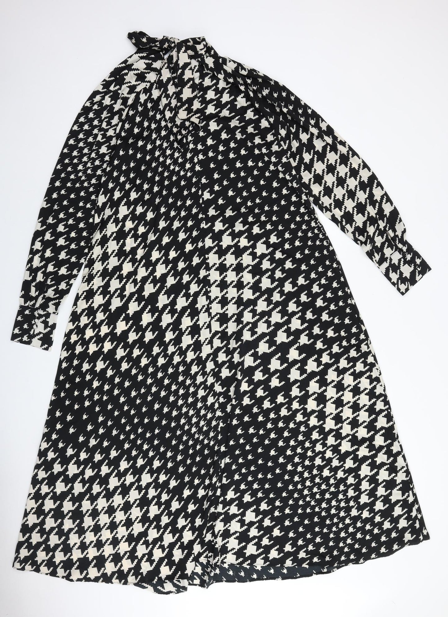 H&M Womens Black Houndstooth Viscose Maxi Size L Mock Neck Tie