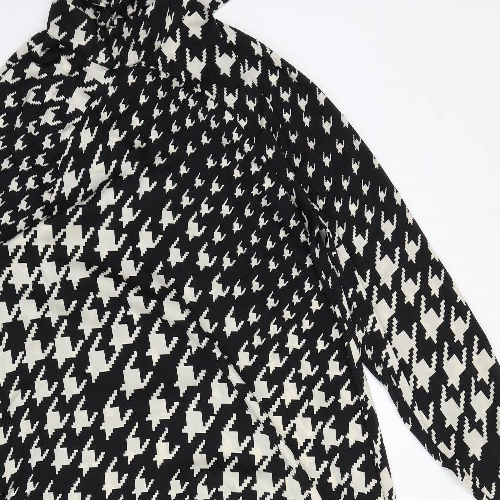 H&M Womens Black Houndstooth Viscose Maxi Size L Mock Neck Tie