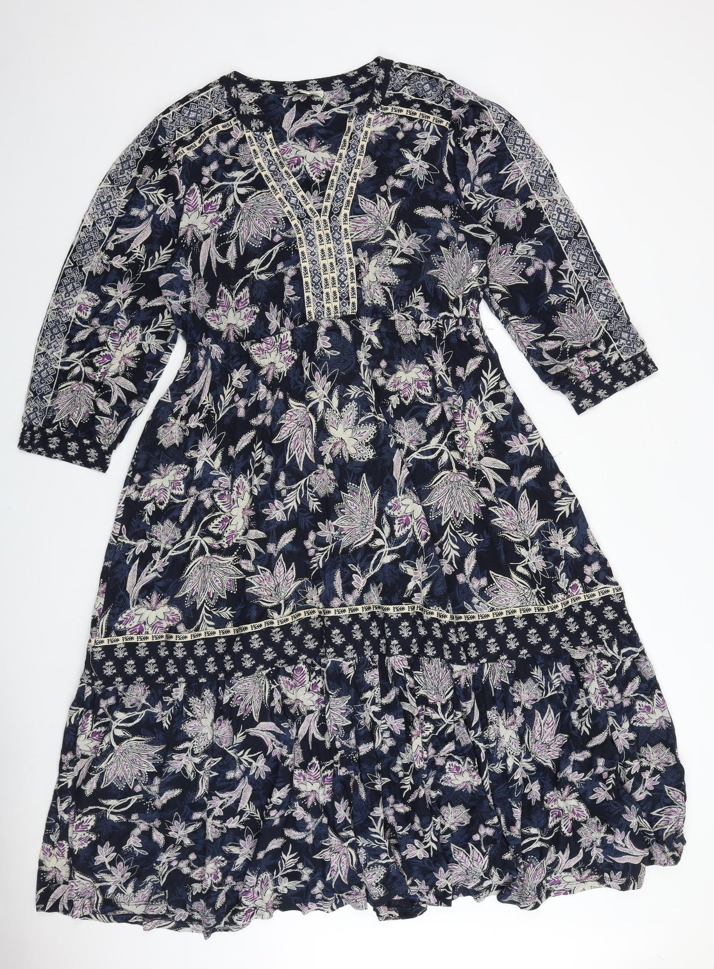 Monsoon Womens Blue Floral 100% Cotton Fit & Flare Size M V-Neck Pullover
