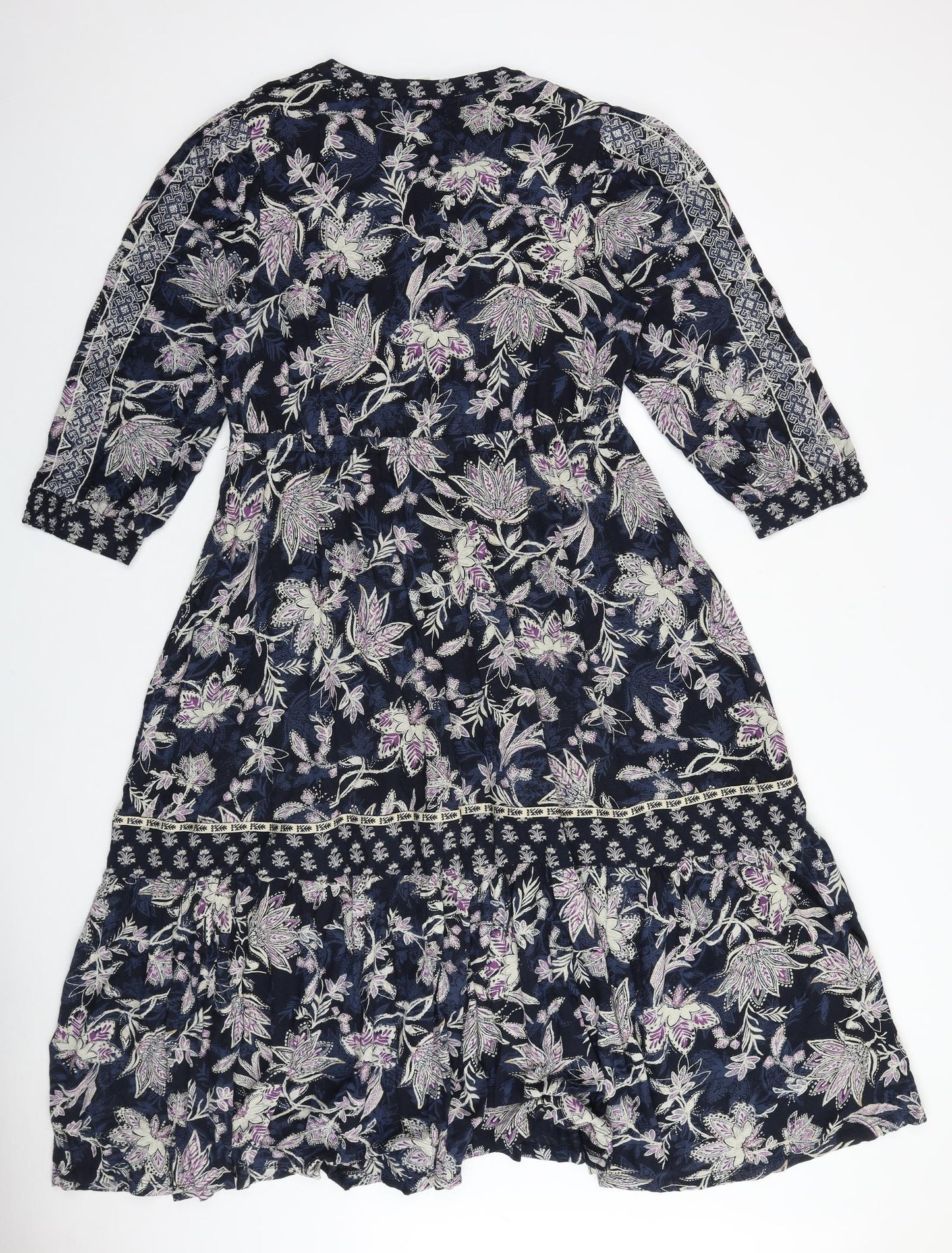 Monsoon Womens Blue Floral 100% Cotton Fit & Flare Size M V-Neck Pullover