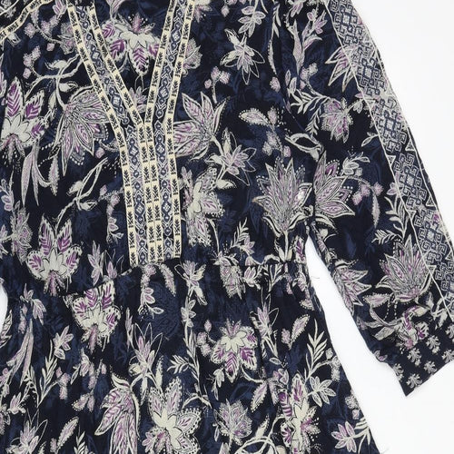 Monsoon Womens Blue Floral 100% Cotton Fit & Flare Size M V-Neck Pullover