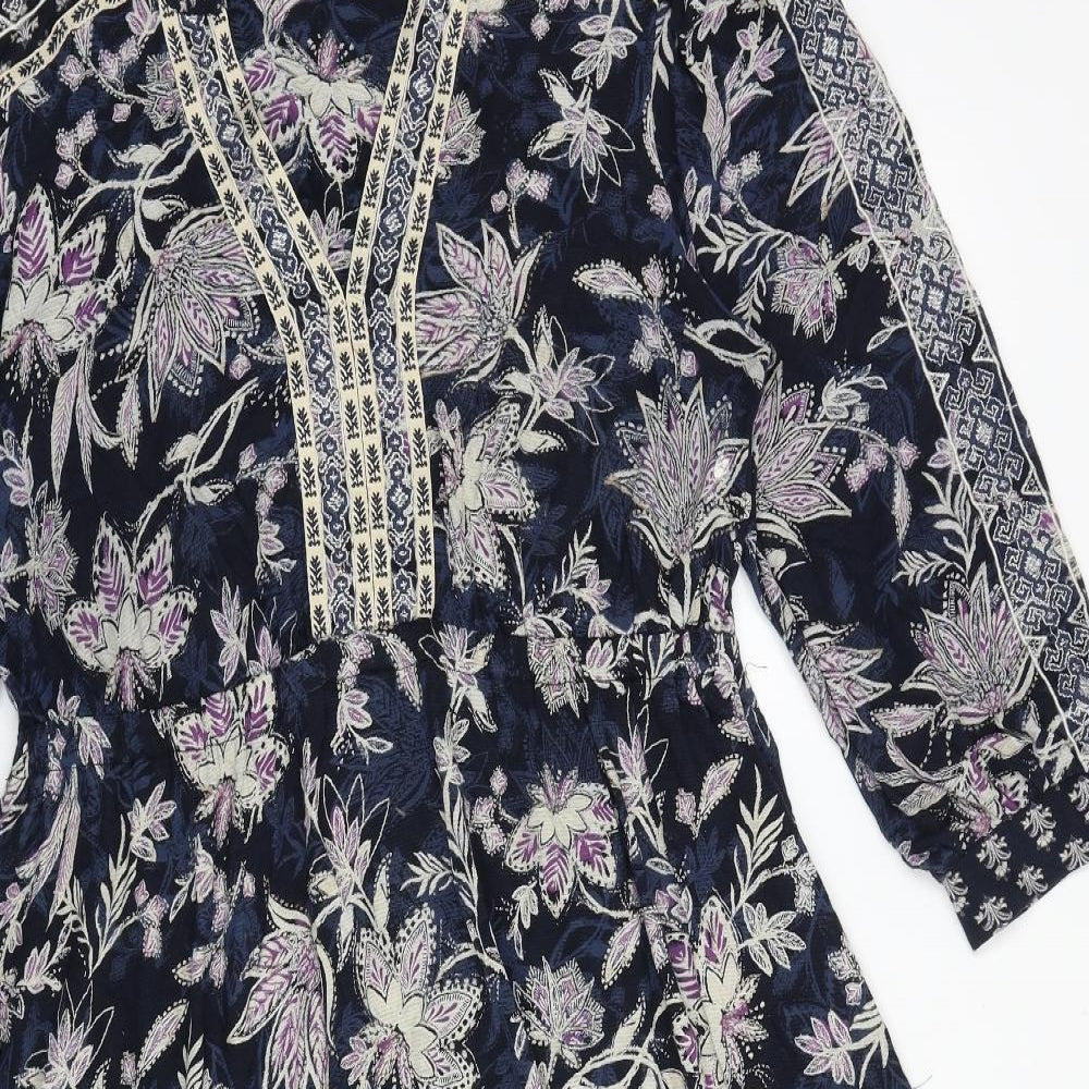 Monsoon Womens Blue Floral 100% Cotton Fit & Flare Size M V-Neck Pullover