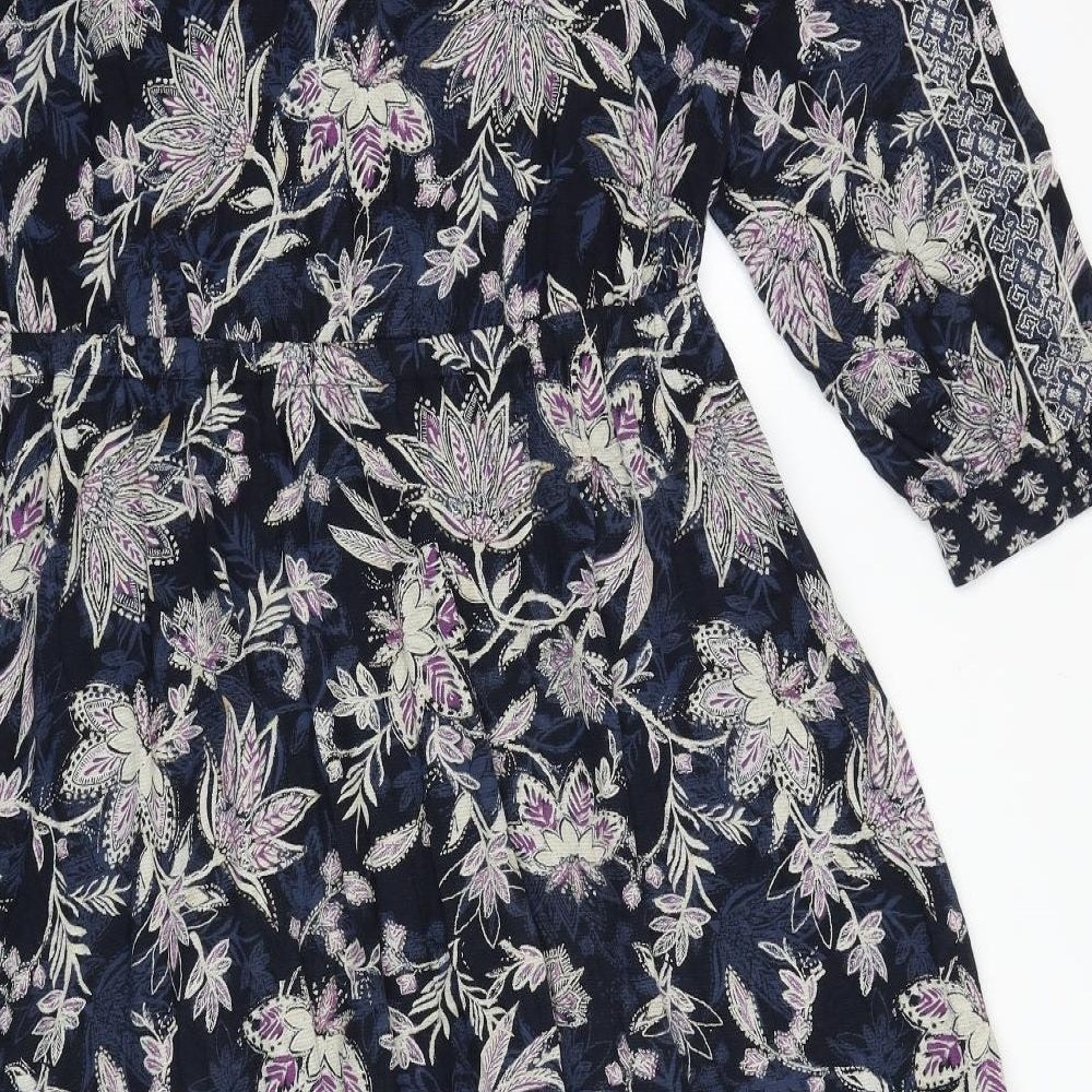 Monsoon Womens Blue Floral 100% Cotton Fit & Flare Size M V-Neck Pullover