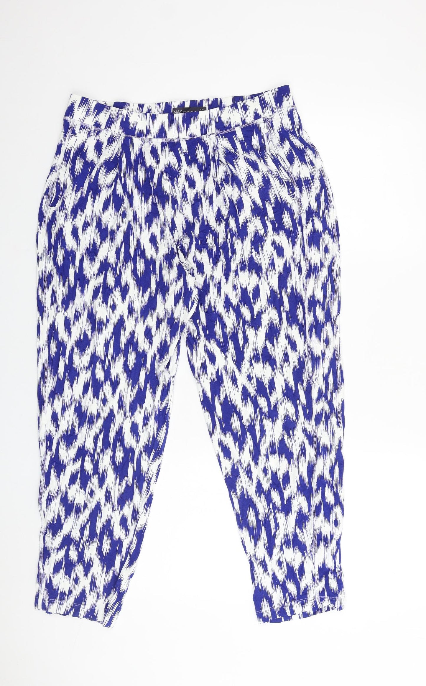 Marks and Spencer Womens Blue Geometric Viscose Trousers Size 14 L25 in Regular