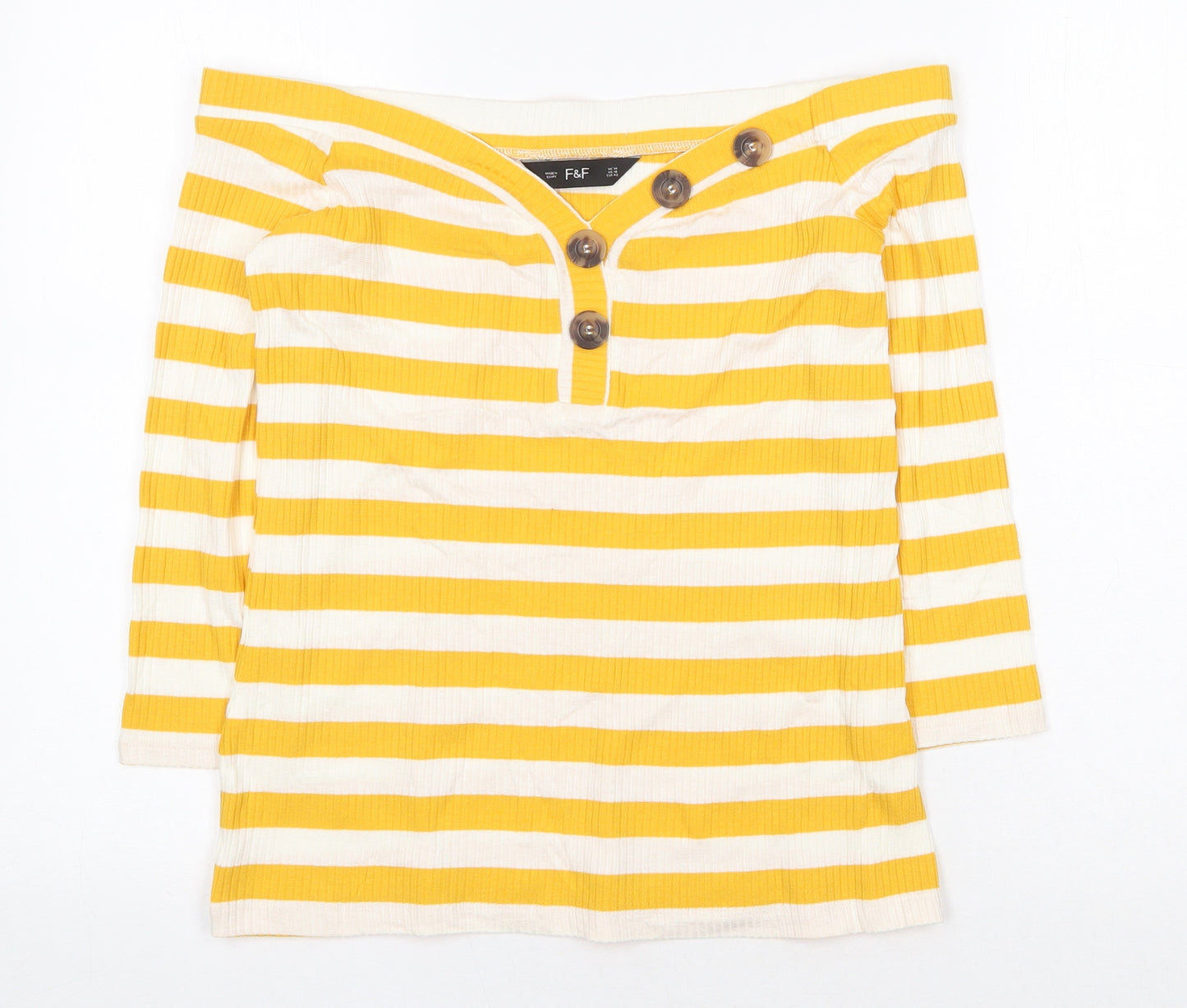 F&F Womens Yellow Striped Cotton Basic T-Shirt Size 14 Off the Shoulder