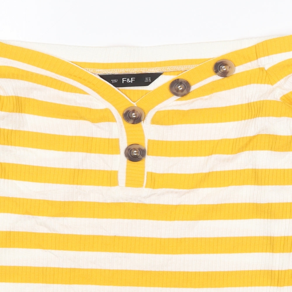 F&F Womens Yellow Striped Cotton Basic T-Shirt Size 14 Off the Shoulder
