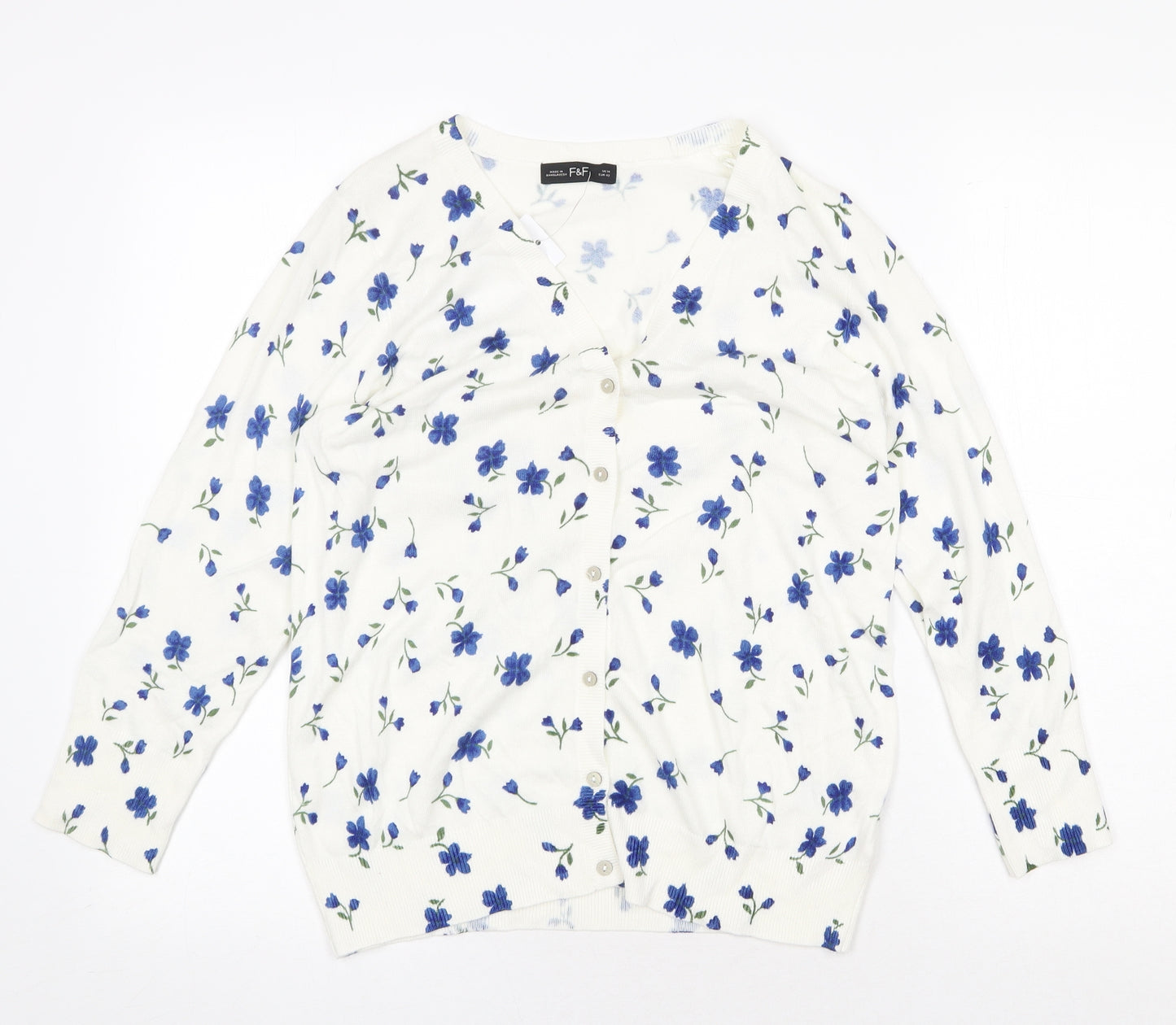 F&F Womens White V-Neck Floral Viscose Cardigan Jumper Size 14